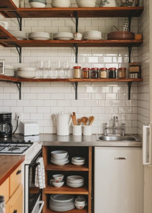 How to Organize a Small Kitchen Without Cabinets, a small kitchen with rustic wooden open shelving. The shelves are filled with neatly organized dishes, glasses, and spice jars. The kitchen has a white subway tile backsplash. There is a stove, a sink, and a refrigerator in the kitchen. The floor is tiled.