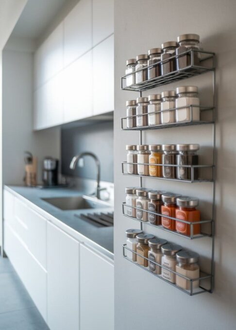 a minimalist kitchen with a magnetic rack mounted to a wall. The rack is organizing small spice jars with metal lids, allowing for easy access. The jars are filled with spices such as black pepper, cinnamon, and paprika. The kitchen has a modern design, with white cabinets and a stainless steel sink. The floor is made of grey tiles.