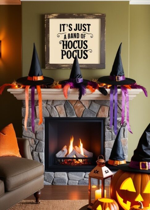 A cozy living room featuring "It’s just a bunch of Hocus Pocus" wall art above a fireplace, with witch hats and glowing pumpkins scattered around.