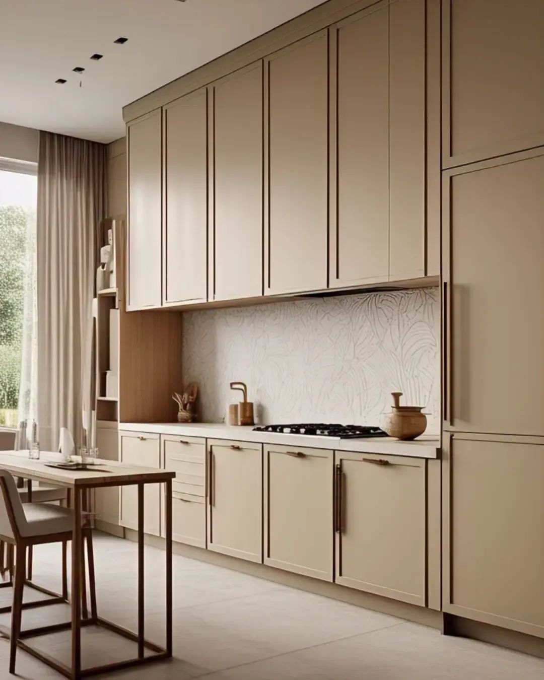 Kitchen Cabinet Colors for White Tile Floors: 11 Best Ideas and Expert Tips 5 A rustic kitchen featuring warm beige cabinets, a wooden countertop, and white tile floors, creates a cozy, inviting space.