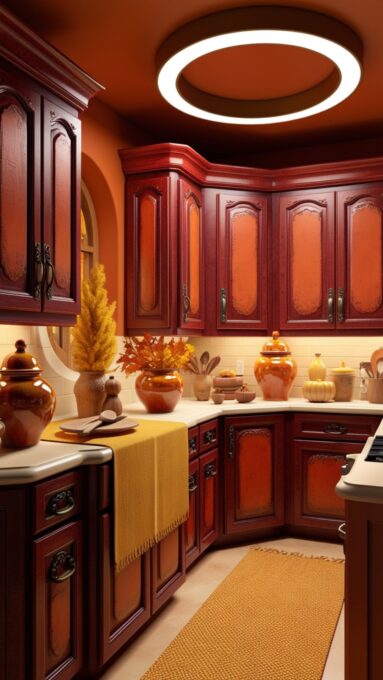 Fall Kitchen Ideas, A cozy kitchen with a warm autumn color palette featuring deep orange walls, wooden cabinets, and autumn-colored accents like a mustard-yellow table runner.