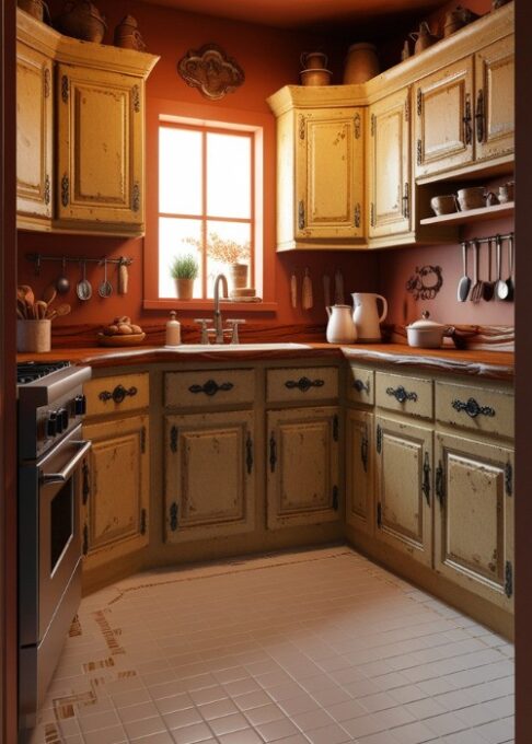 A rustic kitchen featuring warm beige cabinets, a wooden countertop, and white tile floors, creates a cozy, inviting space.