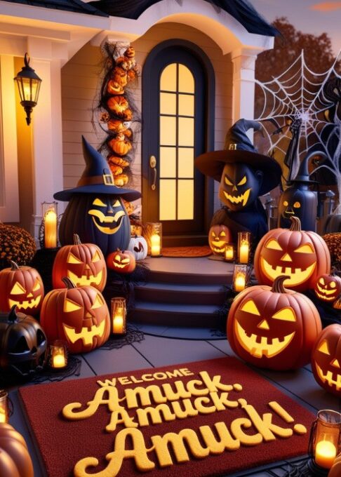 A Halloween porch scene featuring a mat with the words "Amuck, Amuck, Amuck!" paired with glowing pumpkins and witchy décor.