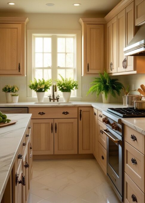 A cozy kitchen with light oak wood cabinets, white tile floors, and a white marble countertop, creates a warm and inviting atmosphere.