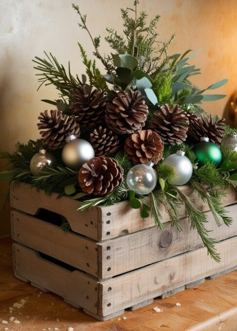 A rustic wooden crate filled with pinecones, holiday greenery, and mini ornaments, is sitting on a kitchen counter.