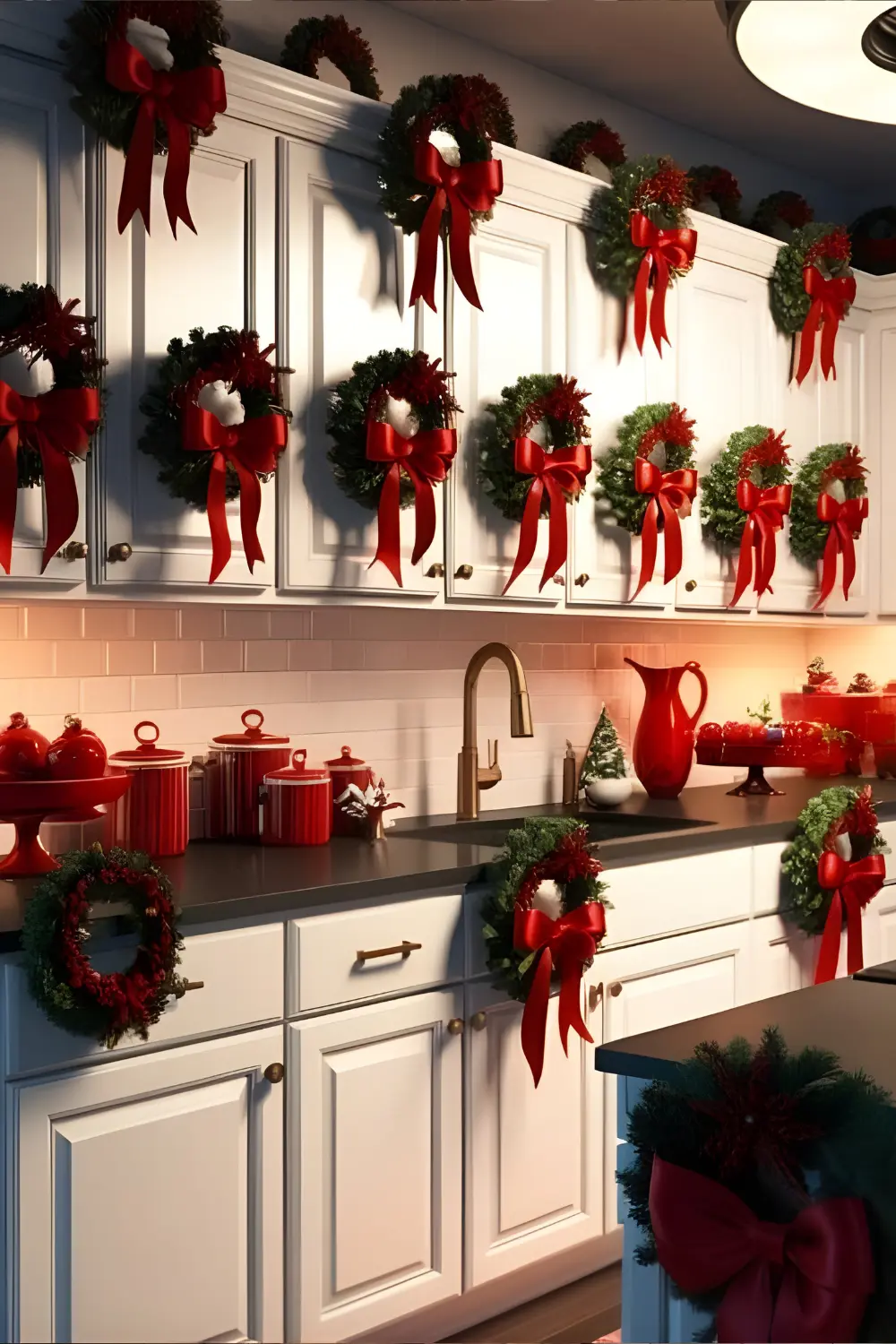 Christmas Cottage Kitchen Décor Ideas: 21 Best Ways to Create a Cozy and Festive Space 6 Christmas Cottage Kitchen Décor Ideas, a rustic wooden shelf in a cottage-style kitchen. The shelf is decorated with pine garlands, fairy lights, and festive kitchenware. There are pots, pans, and cooking utensils on the shelf. The background contains a range hood, cabinets, and a window with a curtain. The floor is tiled.