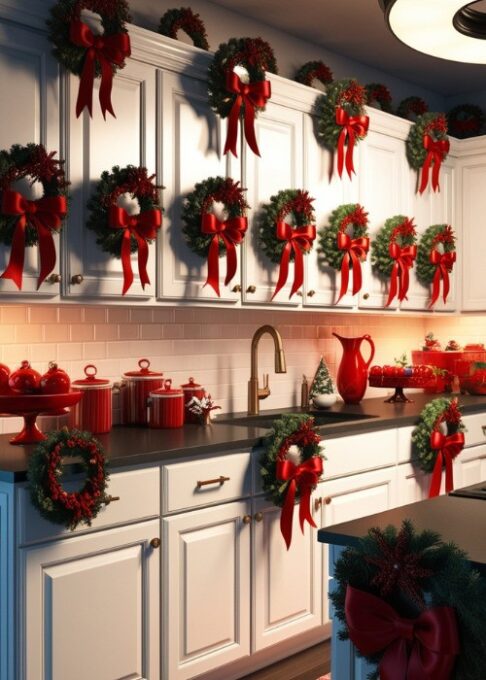 A kitchen with white cabinets, each adorned with mini wreaths tied with red satin ribbon.