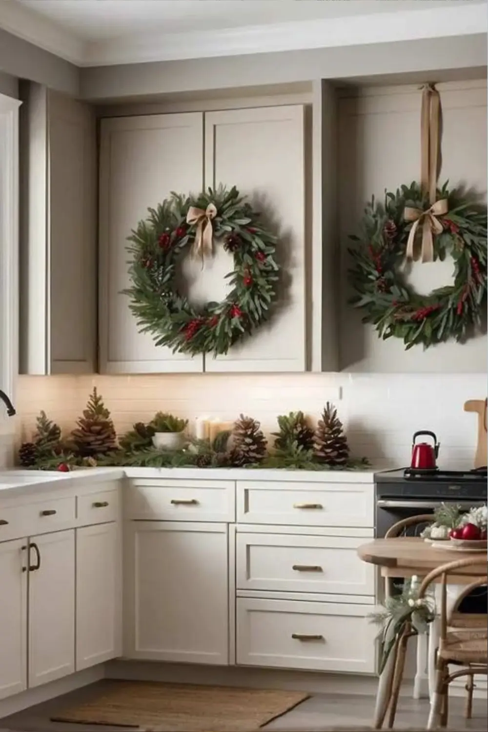 Christmas Cottage Kitchen Décor Ideas: 21 Best Ways to Create a Cozy and Festive Space 22 A pinecone and berry wreath hanging on a cottage kitchen wall, surrounded by rustic holiday décor.