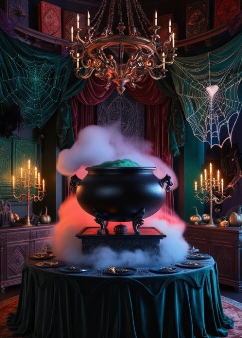 A dark dining room set up with a large cauldron punch bowl, fog effects, and witchy décor creates a mystical Halloween atmosphere.