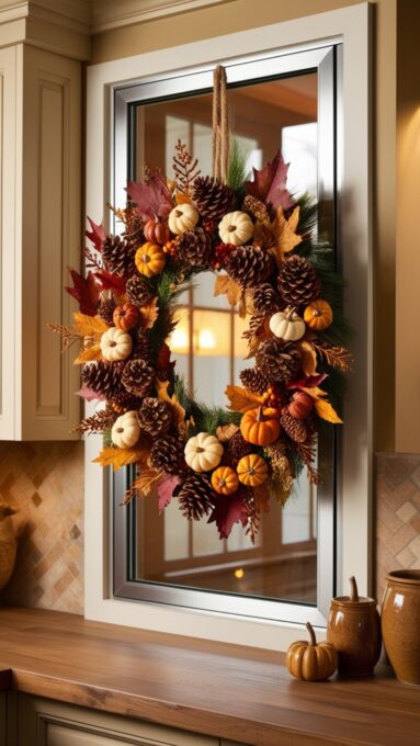 A kitchen window adorned with a fall wreath made from pinecones, dried leaves, and mini pumpkins, with a backdrop of rustic kitchen décor.