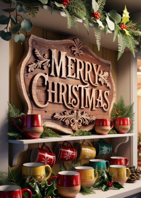 A wooden “Merry Christmas” sign was placed on a kitchen shelf surrounded by holiday mugs and greenery.