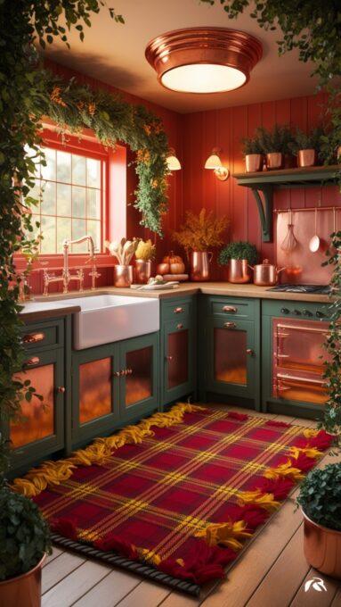 A cottage kitchen with a plaid-patterned fall rug in front of the sink, featuring warm colors like deep red, mustard yellow, and forest green.