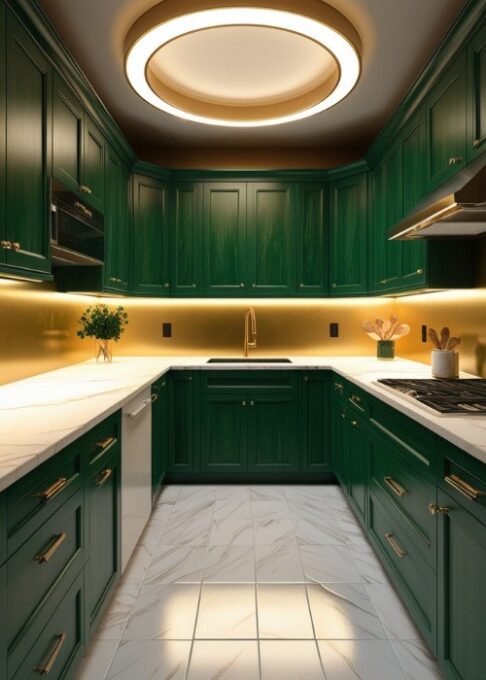 A modern kitchen with forest green cabinets, a white marble countertop, and white tile floors, creating a dramatic yet elegant space.