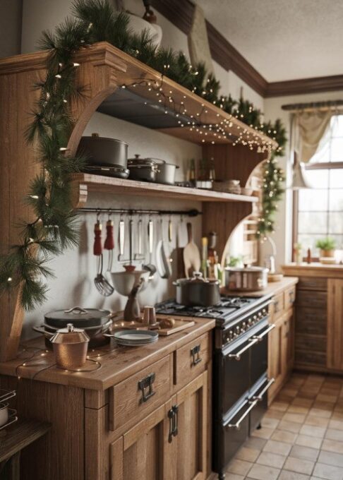 Christmas Cottage Kitchen Décor Ideas, a rustic wooden shelf in a cottage-style kitchen. The shelf is decorated with pine garlands, fairy lights, and festive kitchenware. There are pots, pans, and cooking utensils on the shelf. The background contains a range hood, cabinets, and a window with a curtain. The floor is tiled.