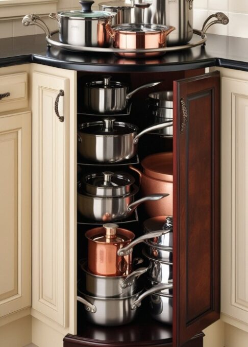 Kitchen Corner Cabinet Ideas, A kitchen corner cabinet with a full-moon Lazy Susan filled with pots, pans, and other kitchen essentials, showcasing easy access and organization.