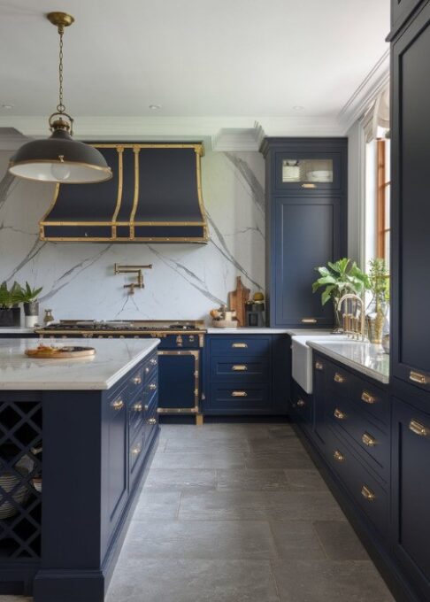 A luxurious kitchen with matte navy cabinets, a white marble backsplash, and brass accents for a bold yet elegant design.