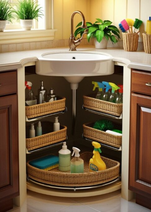 A cottage-style kitchen with a corner sink and organized under-sink storage, featuring baskets and pull-out trays for cleaning supplies.