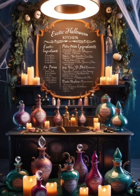 A Halloween kitchen setup with a chalkboard listing potion ingredients, surrounded by potion bottles, candles, and faux cobwebs.