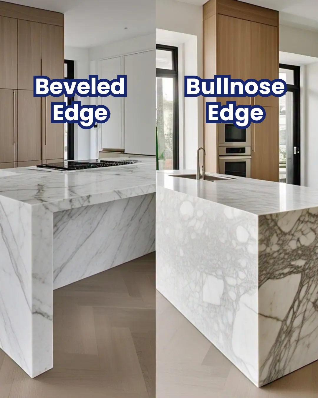 Beveled Edge Countertop: A Simple Guide for Every Homeowner 7 Types of beveled edge countertop / /Left (Beveled Edge): A sharp, clean 45-degree angled bevel along the counter’s rim, emphasizing modernity and precision. The bevel catches the light, creating a subtle shadow that accentuates the edge’s geometry.
Right (Bullnose Edge): A fully rounded, smooth bullnose profile with no hard edges, offering a soft, organic, and timeless look. The curve reflects light gently, blending seamlessly into the cabinetry.
