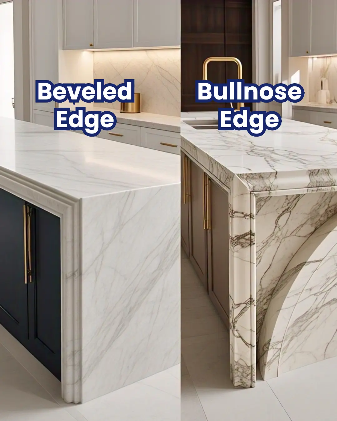 Beveled Edge Countertop: A Simple Guide for Every Homeowner 8 Left (Beveled Edge): A sharp, 45-degree angled bevel for a sleek, contemporary look. The minimalist cut highlights the marble’s natural veining while adding subtle geometric sophistication. Light reflects off the bevel’s crisp line, creating a modern, high-end feel.
Right (Ogee Edge): An elegant S-shaped ogee profile with a concave curve flowing into a convex arch, exuding classic opulence. The intricate edge adds depth and shadow play, enhancing the marble’s luxurious texture.