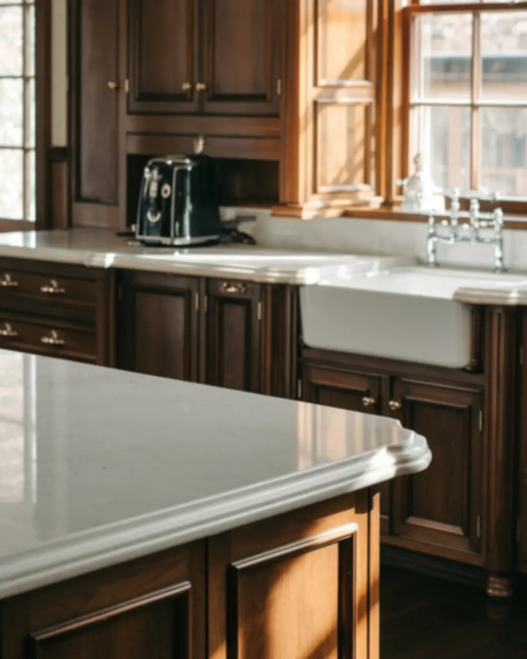 A photo of a classic kitchen with a bullnose-edged quartz countertop. The countertop is paired with dark wood cabinets. There is a white sink with a faucet near the window. A black appliance is placed on the countertop near the sink. The floor is made of dark wood. Natural lighting illuminates the kitchen, casting a warm glow on the surfaces.
