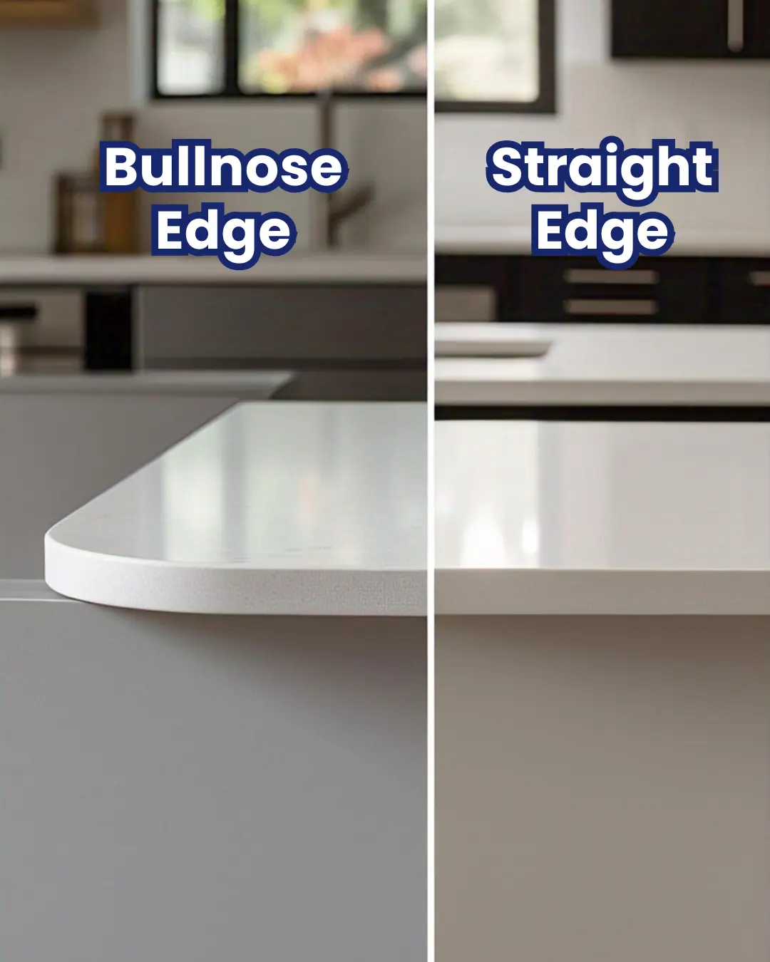 Side-by-side comparison: A white quartz bullnose edge (left) next to a straight-edge countertop (right) in the same kitchen.
