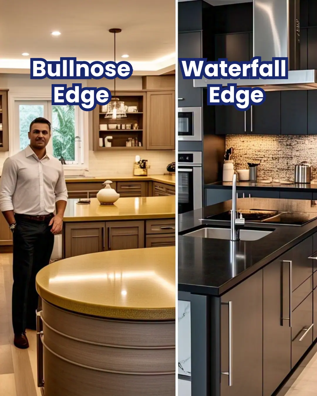 Modern kitchen with a waterfall-edge island (left) vs. a family kitchen with bullnose counters (right).