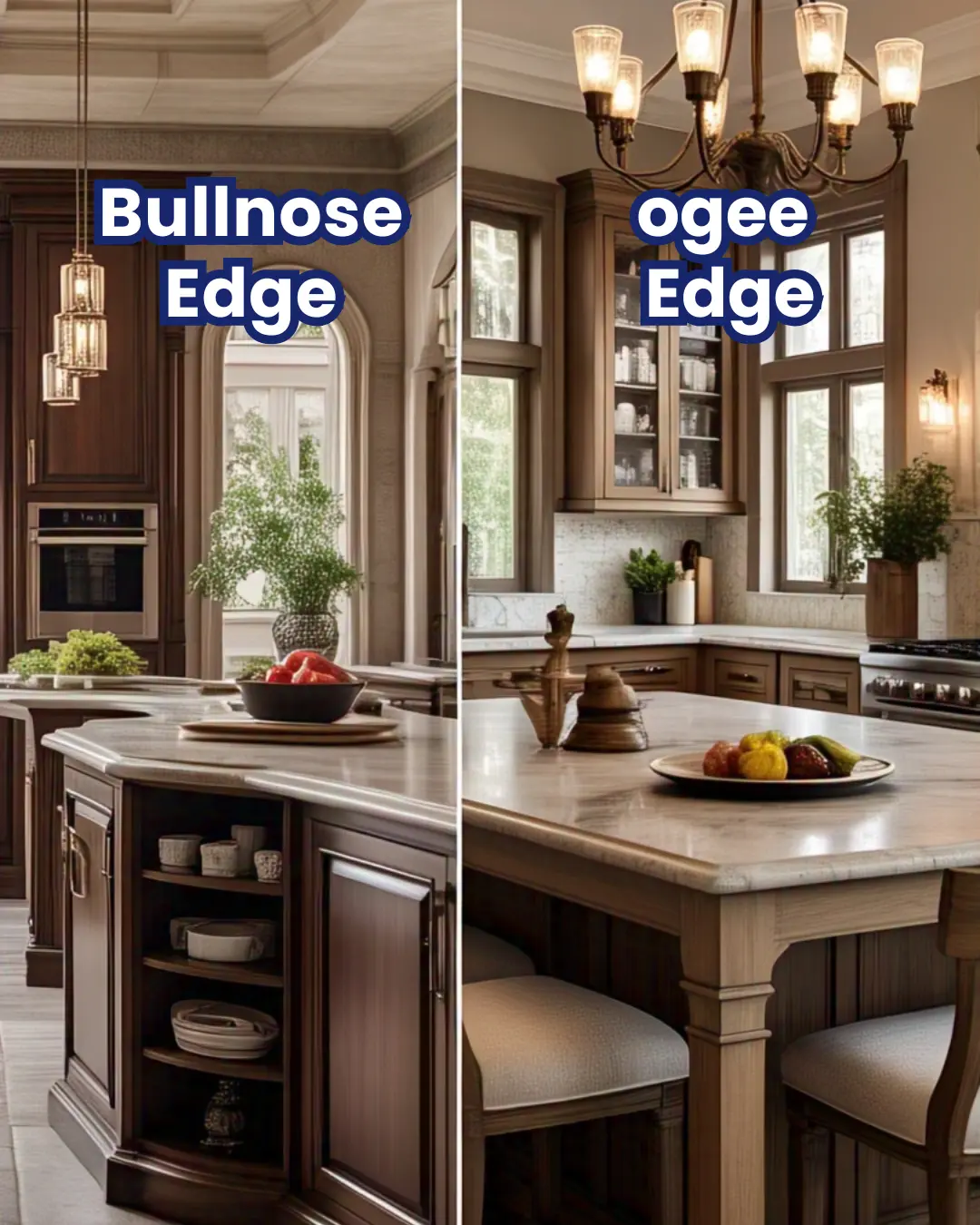Luxury kitchen with an ogee-edge island (left) vs. a cozy breakfast nook with bullnose counters (right).