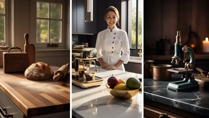 A visual comparison of different kitchen countertop materials: a warm wood butcher block with bread and baking tools in natural light; a sleek, modern white marble or quartz countertop with a gold espresso machine and a chef in a white uniform; and a dark soapstone or granite countertop featuring a vintage-style microscope and copper cookware in moody lighting.
