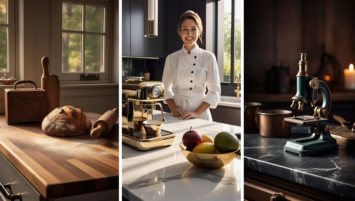 A visual comparison of different kitchen countertop materials: a warm wood butcher block with bread and baking tools in natural light; a sleek, modern white marble or quartz countertop with a gold espresso machine and a chef in a white uniform; and a dark soapstone or granite countertop featuring a vintage-style microscope and copper cookware in moody lighting.