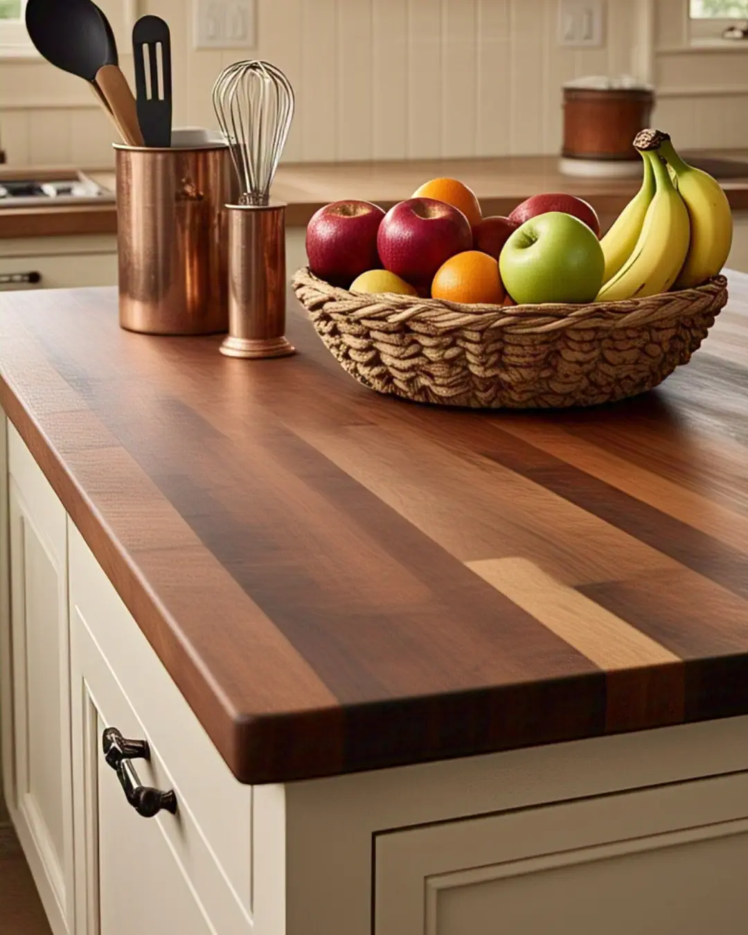 Butcher block countertop with a demi bullnose edge, styled with a woven fruit basket and copper utensils.