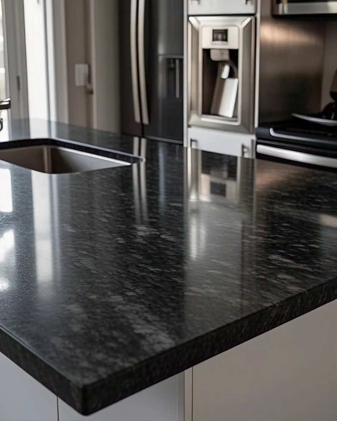 Beveled Edge Countertop: A Simple Guide for Every Homeowner 3 Types of beveled edge countertop / A dark granite countertop with double bevel edges, reflecting light on both angles, paired with stainless steel appliances.