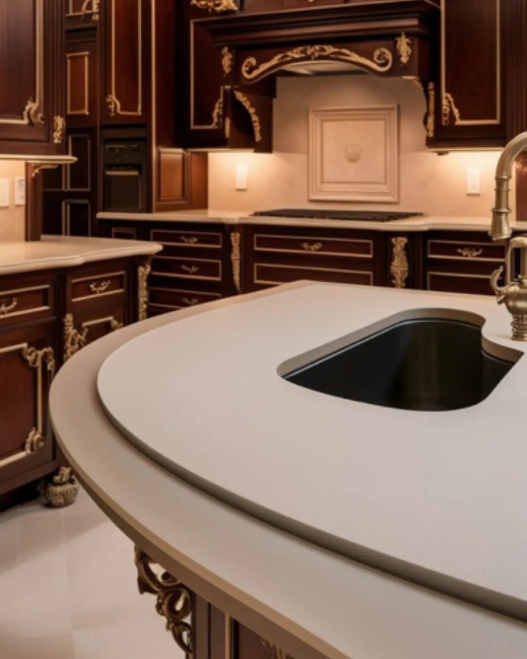 A Dupont-edged quartz countertop in a traditional kitchen, with ornate detailing and rich wood cabinets, showcasing a structured, curved edge.