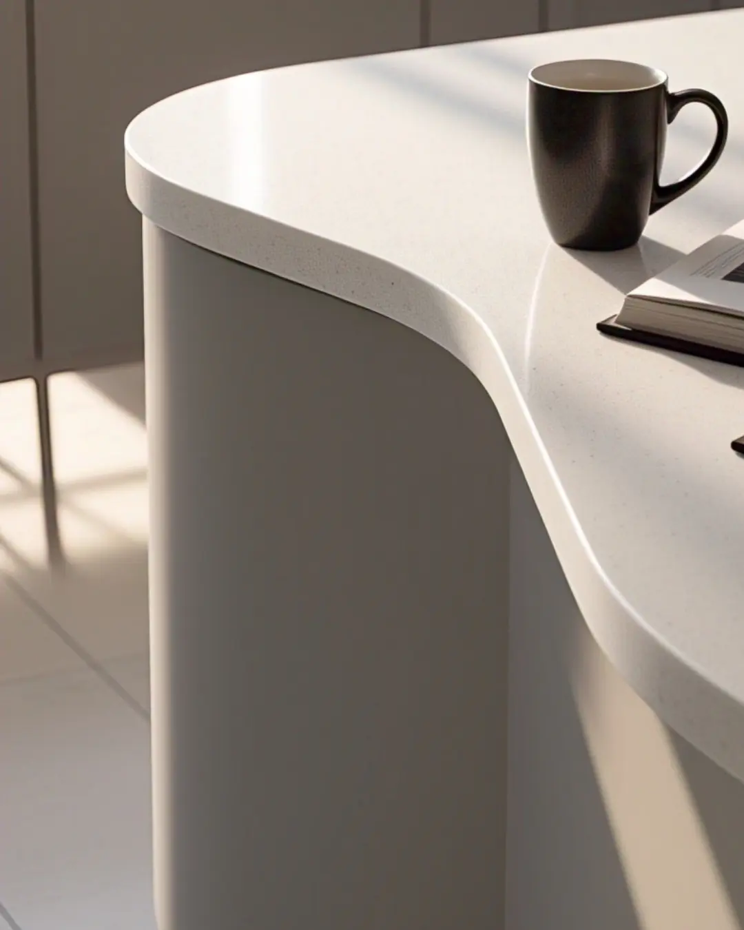 Half-Bullnose Edge Countertops: The “Just Right” Rounded Corner 3 Half-Bullnose Edge countertop / Extreme close-up of a white quartz countertop’s half-bullnose edge, showing the smooth curve transitioning sharply to a flat bottom. Place a coffee mug and a book at the edge to highlight the contrast. Morning light casting soft shadows to emphasize the shape.