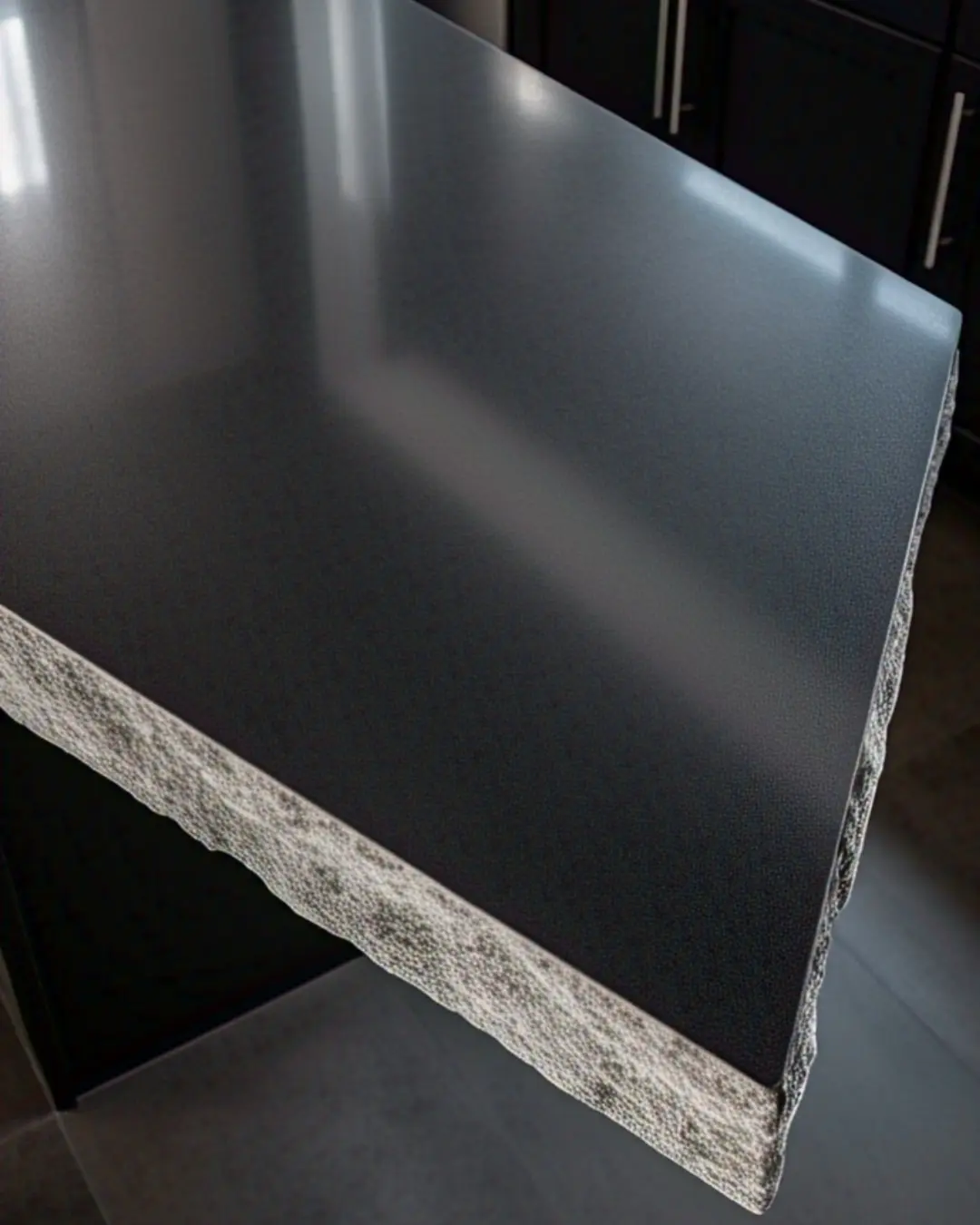 Mitered Edge Countertop / Close-up of a waterfall island with a mitered edge, showing the seamless 45° joint in black quartz. The edge looks like one solid, thick slab under moody lighting.