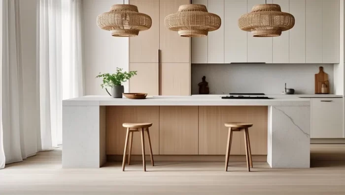 Japandi kitchen with white quartz mitered-edge island, light oak cabinetry, and woven pendant lights. Minimalist yet warm, blending Japanese and Scandinavian design.