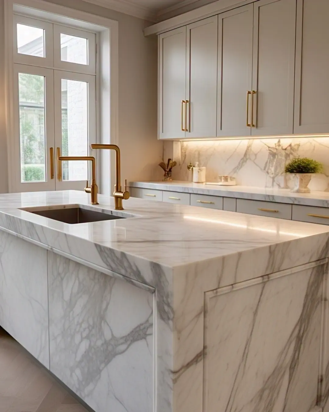 Waterfall Edge Countertop: What Is It and Why Is It So Cool? 4 Carrara marble waterfall edge with soft gray veins, paired with gold fixtures in a glam kitchen.