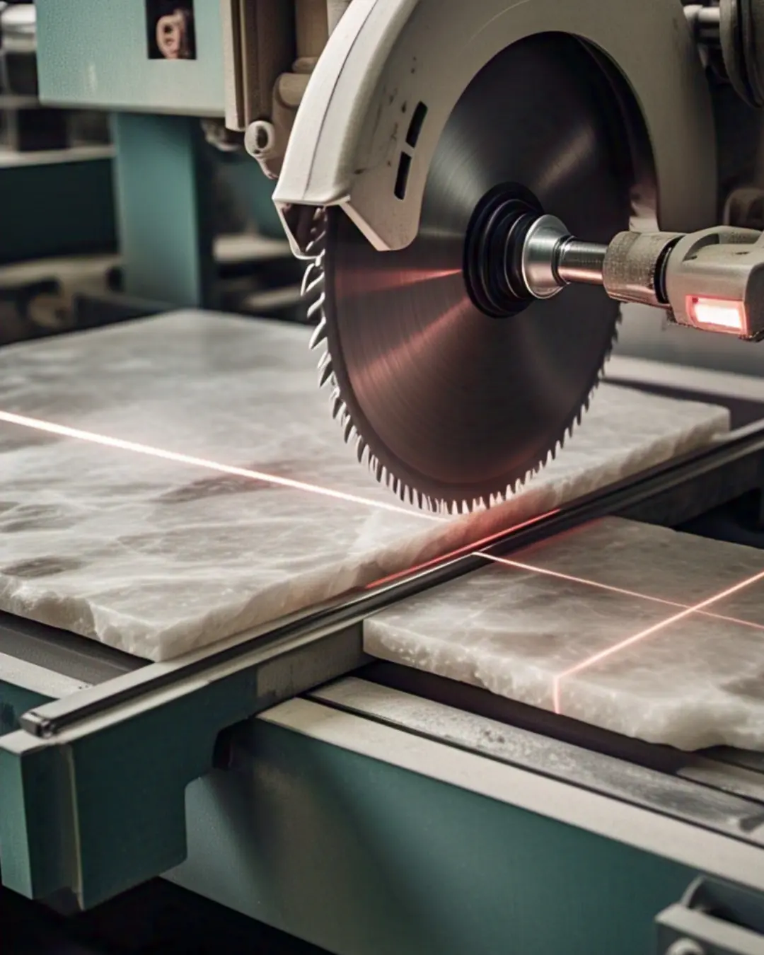 Close-up of a diamond-tipped saw cutting a quartz slab at 45°, with laser guides visible.