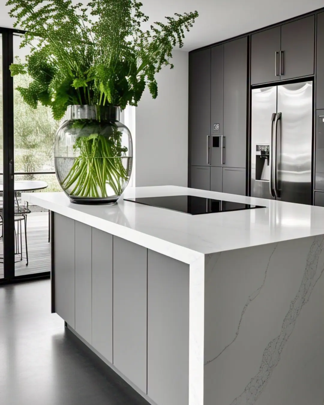 White quartz countertop with a glossy full bullnose edge, styled with a vase of fresh herbs in a modern kitchen.