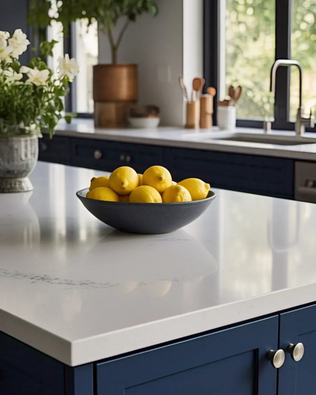 Eased Edge Countertop – Everything You Need to Know 3 Eased Edge Countertop / Sparkling white quartz countertop with a crisp eased edge, paired with navy blue cabinets and a bowl of lemons.