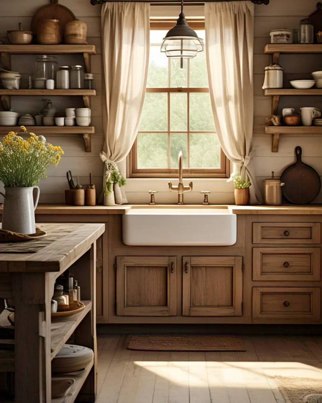 Types of Cabinet Doors and Styles: A Guide to Transforming Your Kitchen with Personality and Precision 4 Raised-Panel Cabinets / A sunlit farmhouse kitchen with honey-toned raised-panel cabinet doors, slightly distressed for vintage charm. Open shelving displays mason jars and cast-iron skillets, while a farmhouse sink sits under a window with billowy linen curtains. A rustic wooden island with a butcher-block top anchors the space, topped with a pitcher of fresh wildflowers.