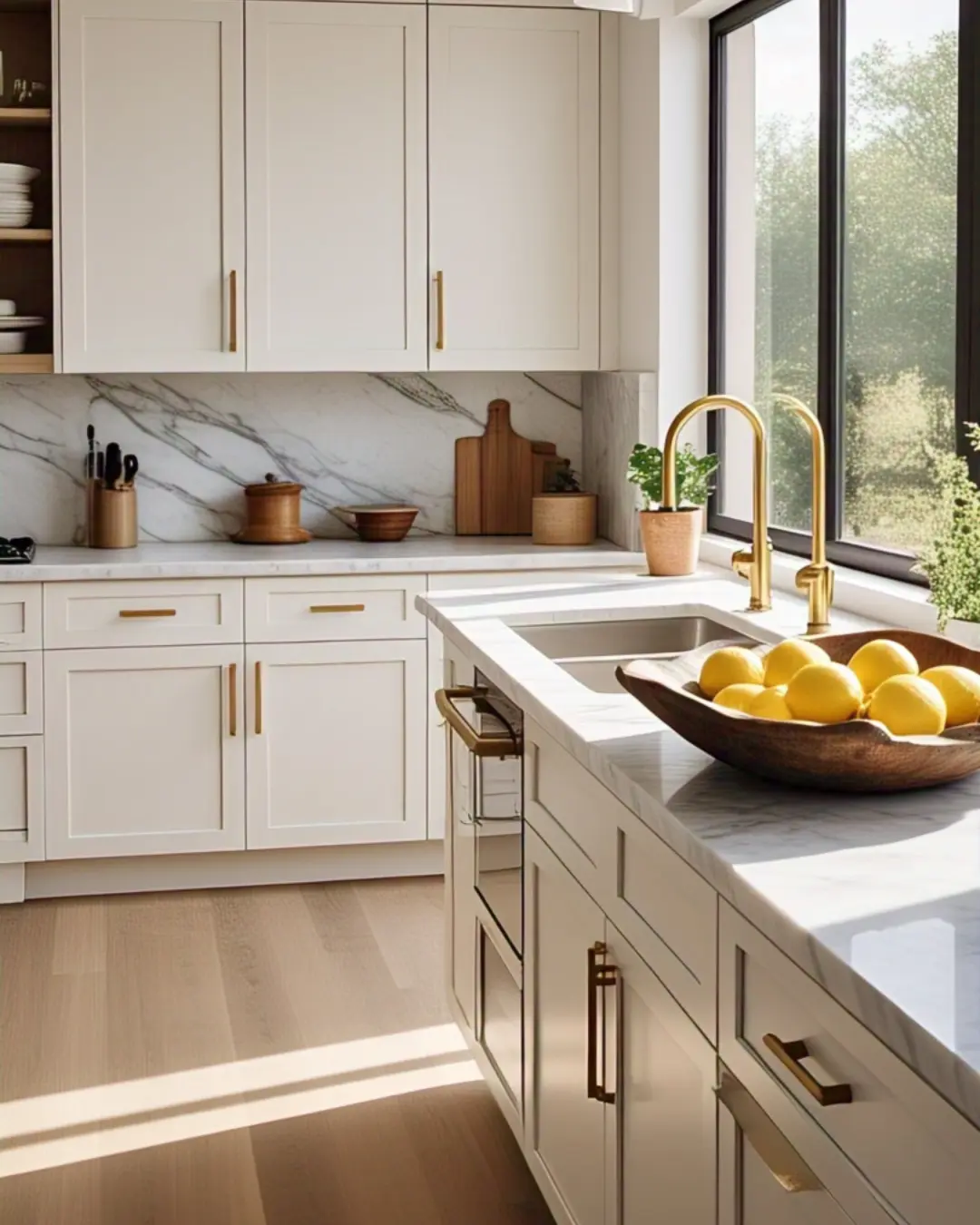 Types of Cabinet Doors and Styles: A Guide to Transforming Your Kitchen with Personality and Precision 2 Types of Cabinet Doors and Styles / A bright, modern kitchen with crisp white Shaker cabinet doors, brushed gold handles, and a marble countertop. Sunlight streams through a large window, highlighting the clean lines and warm wood flooring. A rustic wooden bowl with fresh lemons sits on the counter for a cozy touch.