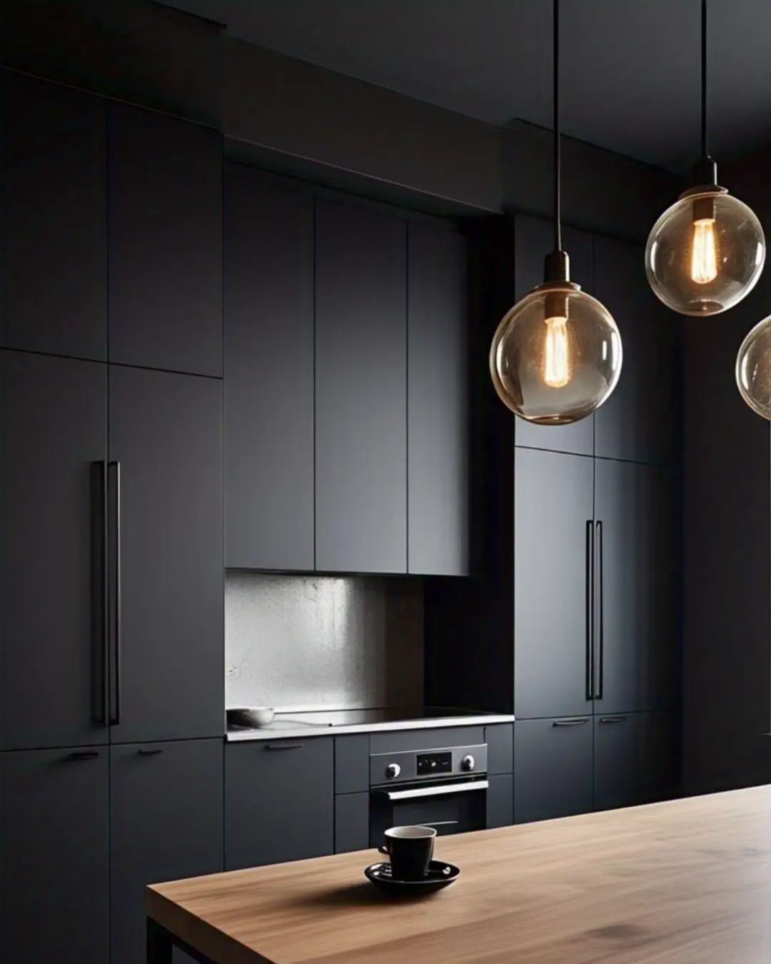Types of Cabinet Doors and Styles: A Guide to Transforming Your Kitchen with Personality and Precision 3 Slab Cabinet Doors / A moody, modern kitchen with matte black slab cabinet doors, seamlessly integrated with hidden handles. Contrasting white quartz countertops and a stainless steel backsplash add sharp definition. Pendant lights with warm Edison bulbs cast a soft glow over a minimalist wooden dining table, where a single espresso cup sits—because this kitchen doesn’t do clutter.