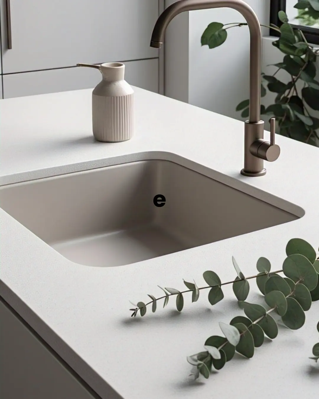 The Ultimate Guide to Countertop Materials: Find Your Perfect Match 7 A matte white Corian countertop with a seamlessly integrated sink, styled with a minimalist ceramic soap dispenser and fresh eucalyptus. The smooth, joint-free surface looks like one continuous piece—because it is!