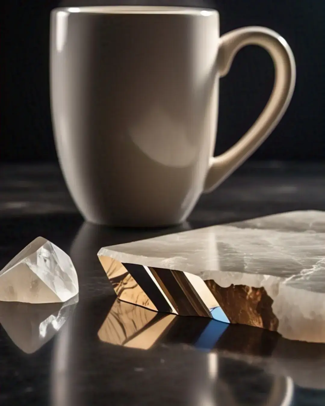 Beveled Edge Countertop: A Simple Guide for Every Homeowner 2 Types of Beveled Edge countertop / Close-up of a standard bevel edge on white quartz, showing the angled cut catching light, with a coffee mug placed nearby for scale.
