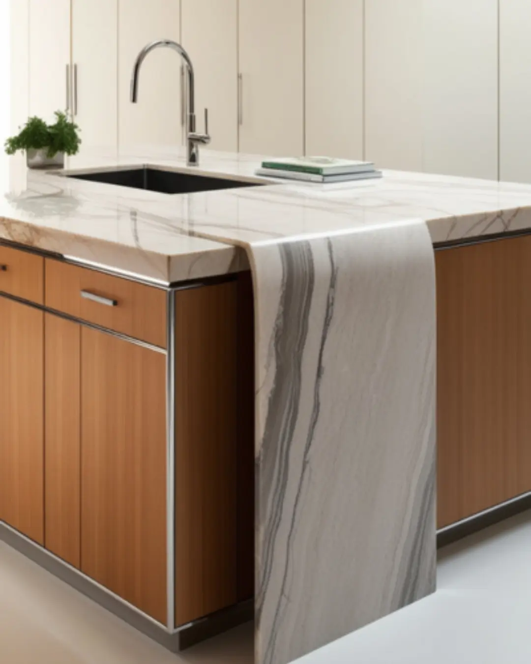 A modern kitchen island with a waterfall-edged marble countertop, the stone cascading down the sides in a seamless, dramatic flow.