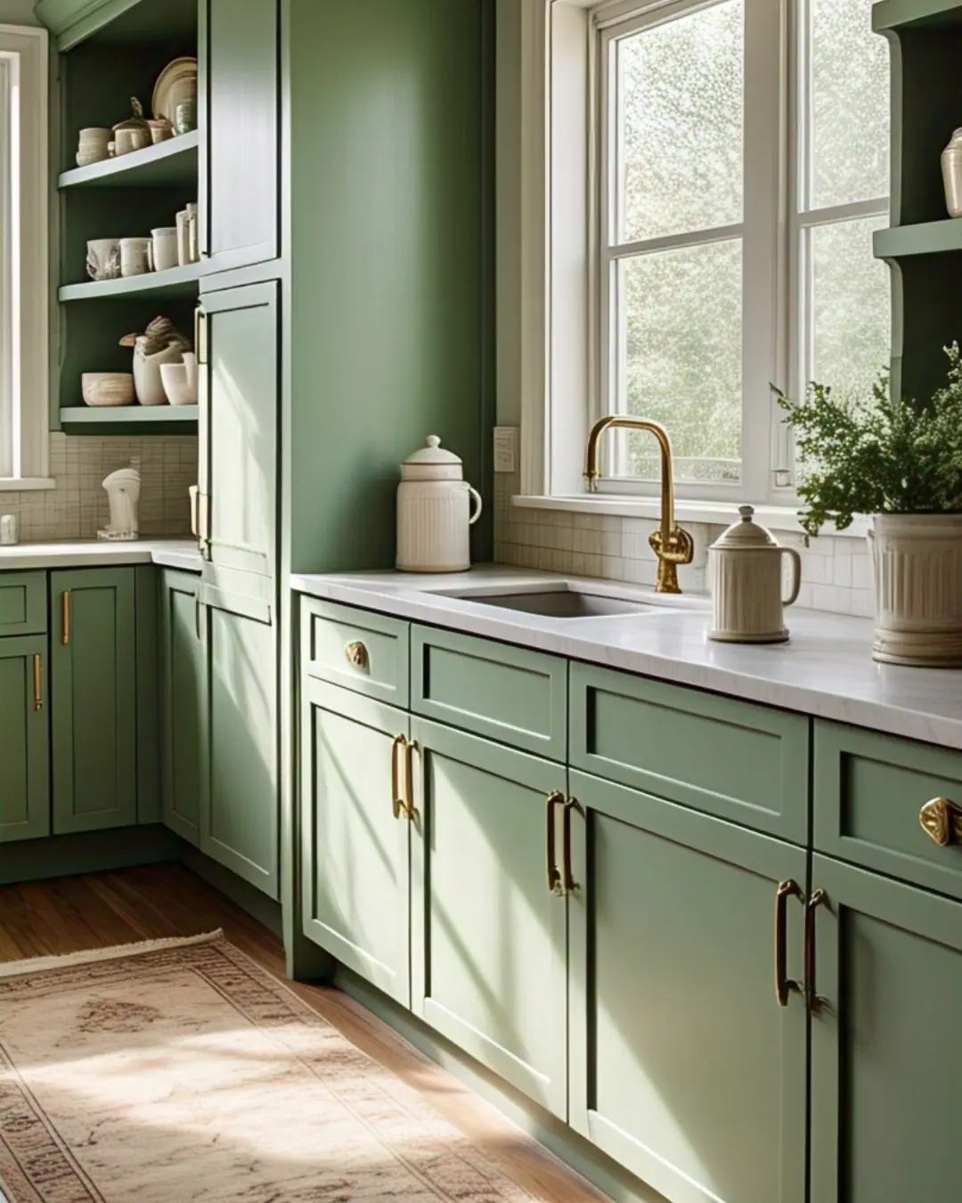 Types of Kitchen Cabinet Paint: Choosing the Best Finish for Your Style 2 Types of Kitchen Cabinet Paint / A bright, airy kitchen with freshly painted sage-green cabinets, their smooth matte finish glowing in the sunlight. Brass hardware sparkles against the muted tone, while open shelves display matching ceramic canisters. A vintage-style rug ties it all together, because even DIYers deserve a magazine-worthy moment.