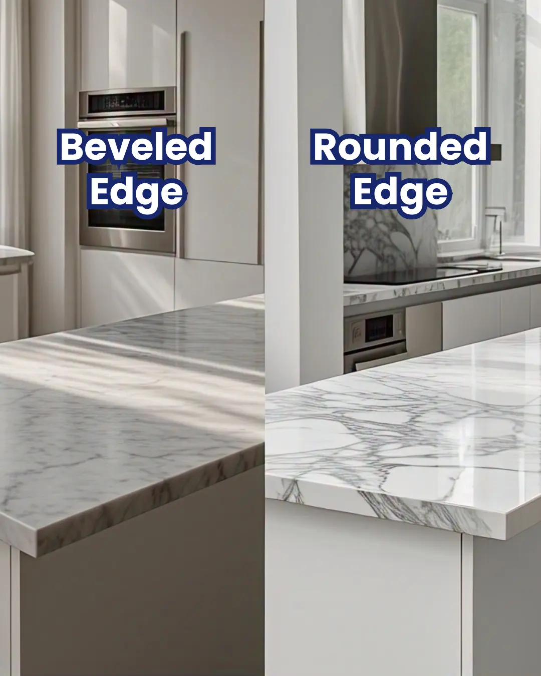 Beveled Edge Countertop: A Simple Guide for Every Homeowner 6 Left side: A sleek white and gray veined marble countertop with a sharp, angled beveled edge, reflecting contemporary minimalist design. Right side: The same marble pattern but with a smooth, soft rounded edge, offering an elegant and organic feel.
