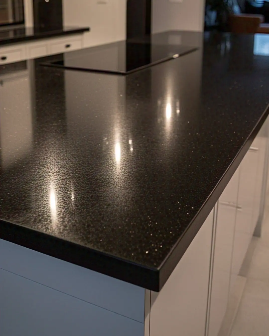 Eased Edge Countertop – Everything You Need to Know 4 Eased Edge Countertop / Polished black granite countertop with a subtle eased edge, showing off its natural sparkles under pendant lights.