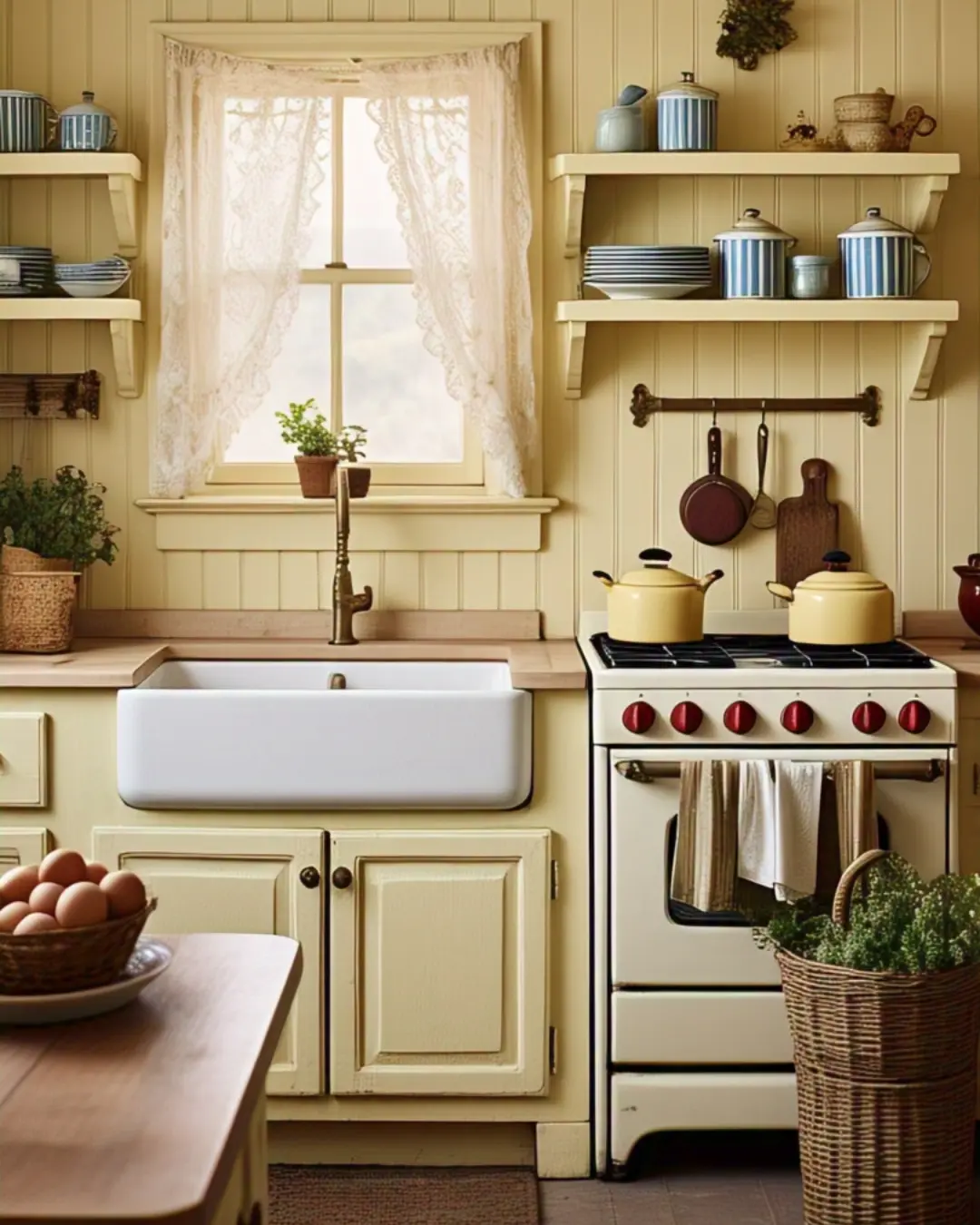 Types of Cabinet Doors and Styles: A Guide to Transforming Your Kitchen with Personality and Precision 6 A quaint, butter-yellow big kitchen with crisp white beadboard cabinet doors, their vertical grooves adding subtle texture. Open shelves display blue-and-white striped dishware, while a farmhouse sink sits under a window with lace curtains. A vintage-style stove with a teakettle adds homey charm, and a woven basket of fresh eggs on the counter completes the ‘country living’ fantasy.